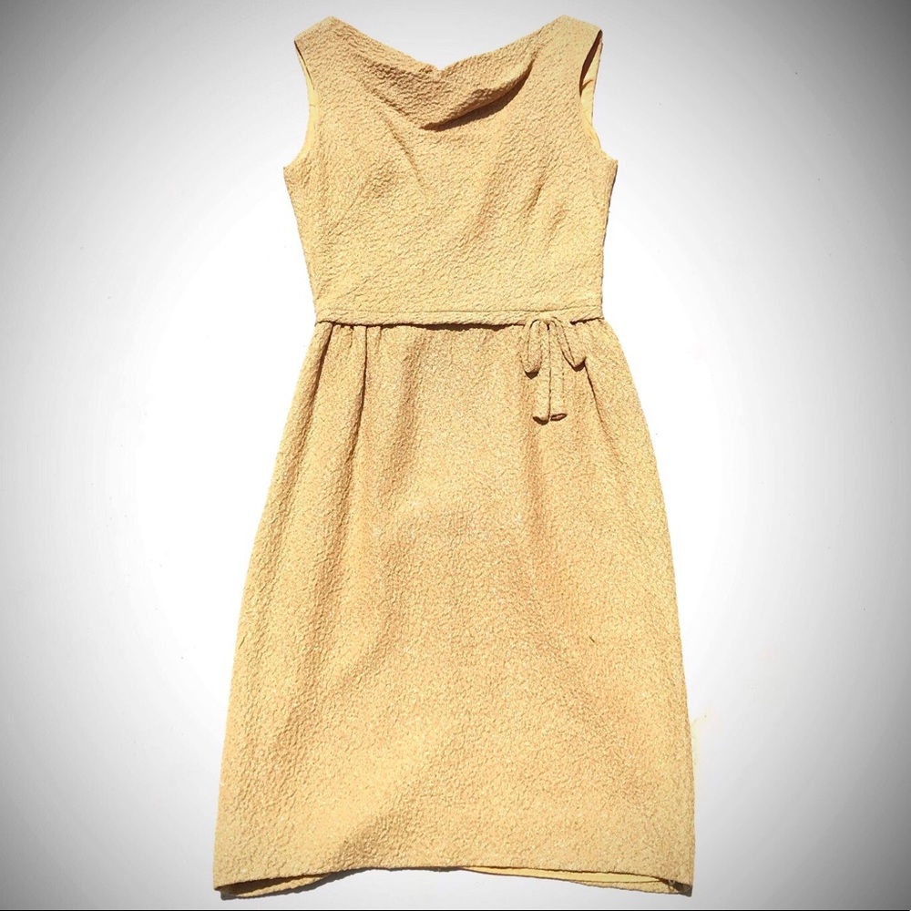 1950s Gold Shimmer Cowl Neck Cocktail Dress Sz M - Picture 3 of 8